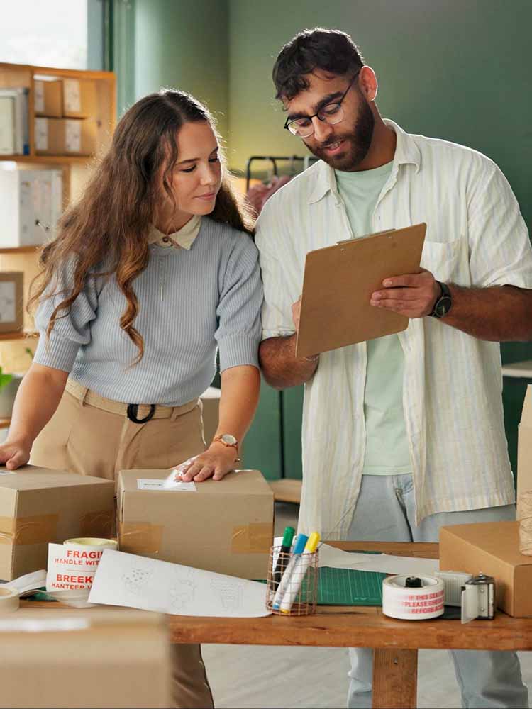 two entrepreneurs going over inventory